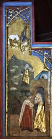 Schöllenbacher Altar — Linker Altarflügel - Szenen aus dem Marienleben — Begegnung Annas und Joachims an der Goldenen Pforte