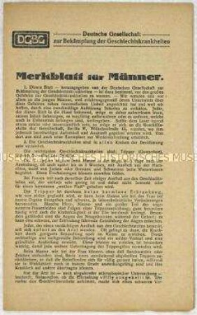 Merkblatt für Männer mit Ratschlägen zur Bekämpfung von Geschlechtskrankheiten