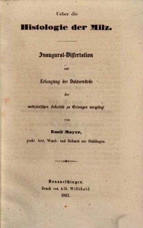 Ueber die Histologie der Milz : Inaug. Diss.