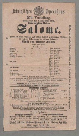 Königliches Opernhaus. 274. Vorstellung. Sonnabend, den 9. Dezember 1905. Zum ersten Maile: Salome ... Musik von Richard Strauß ...