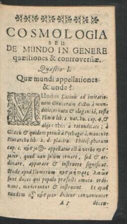 Cosmologia Seu De Mundo In Genere quaestiones & controversiae.