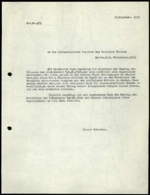 G. Karo an DAI Zentrale