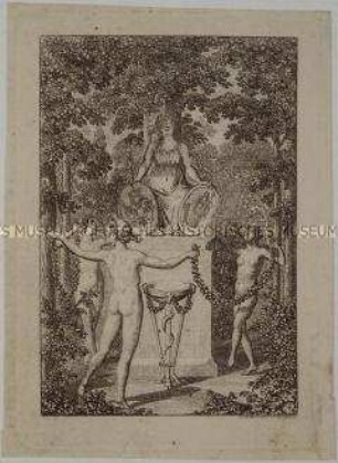 Tanz dreier Grazien vor einer Friedensstatue - Titelkupfer zu Georg Franz Hoffmanns botanischem Werk Flora germanica