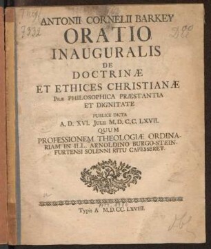 Antonii Cornelii Barkey Oratio Inauguralis De Doctrinæ Et Ethices Christianæ