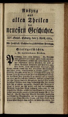 XIV. Stück. Coburg, den 3. April, 1762.