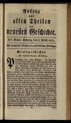 XIV. Stück. Coburg, den 3. April, 1762.