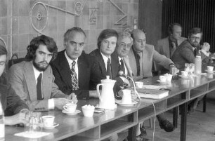 Redaktionskonferenz von Bundeswirtschaftsminister Hans Friderichs bei den "Badischen Neuesten Nachrichten" im Rahmen des Bundestagswahlkampfs 1976