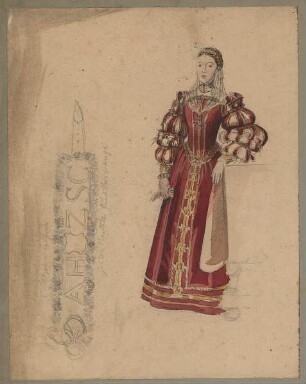Dame in rotem Kleid, 16. Jh. und kalligrafische Skizze : Junge Frau mit bodenlangem Kleid, hochgeschlossenem Hemd,gebauschten Ärmeln und Schleier