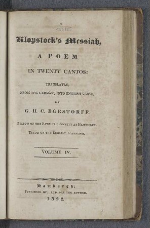 Volume IV: Klopstock's Messiah : A Poem In Twenty Cantos