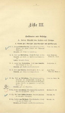 Liste III. Hofstaaten und Gefolge