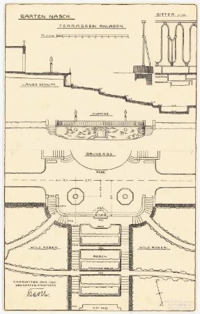 Garten Nasch, Berlin-Grunewald: Längschnitt, Aufriss und Grundriss der Terrassenanlage 1:100, Maßstabsleiste, Gitter in Ansicht und Schnitt 1:10