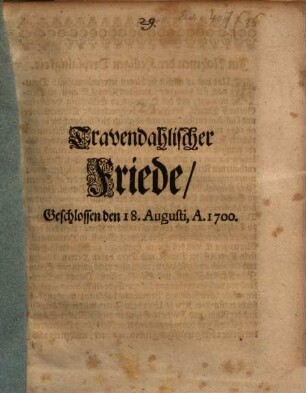 Travendahlischer Friede, geschlossen den 18. Augusti, A. 1700