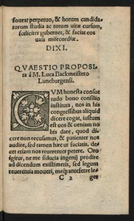 Quaestio Proposita a M. Luca Backmeistero Luneburgensi.