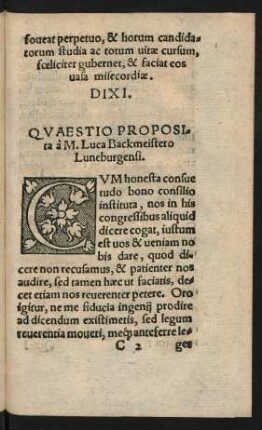 Quaestio Proposita a M. Luca Backmeistero Luneburgensi.