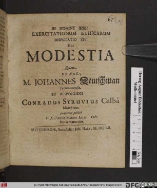 Exercitationum Ethicarum Disputatio XIV. De Modestia