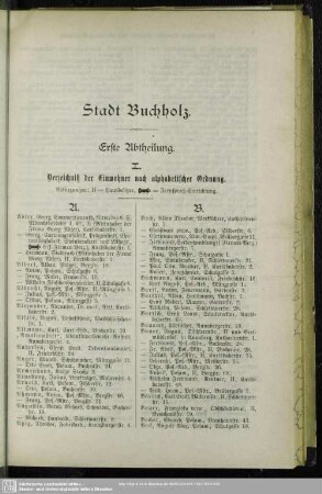 Erste Abtheilung. Einwohnerverzeichnis : Erste Abtheilung. Verzeichniß der Einwohner nach alphabetischer Ordnung