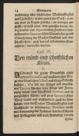 Cap. IV. Von münd- und schrifftlichen Klagen.