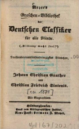 Johann Christian Günther und Christian Friedrich Sintenis : mit Biographien