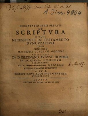 Dissertatio Ivris Privati De Scriptvra Eivsqve Necessitate In Testamento Nvncvpativo