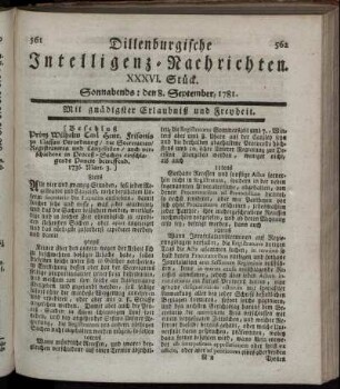 XXXVI. Stück. Sonnabends: den 8. September 1781.