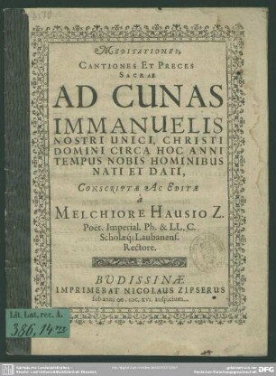 Meditationes, cantiones et preces sacrae ad cunas Immanuelis nostri unici