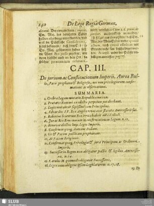 Cap. III. De iurium ac Constitutionum Imperii, Aureae Bullae, Pacis prophanae & Religiosae, nec non privilegiorum confirmatione ac observatione