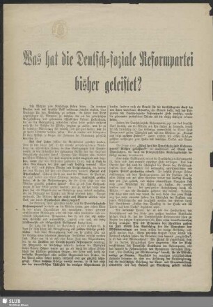 Was hat die Deutsch-soziale Reformpartei bisher geleistet? : [Wahlaufruf zur Wahl von Oswald Zimmermann]