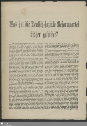 Was hat die Deutsch-soziale Reformpartei bisher geleistet? : [Wahlaufruf zur Wahl von Oswald Zimmermann]