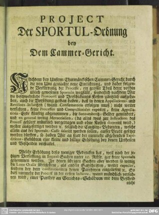 Project Der Sportul-Ordnung bey dem Cammer-Gericht