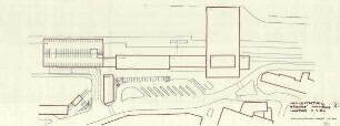 Neugestaltung "Bahnhof": Schaubild zur Neugestaltung "Bahnhof". Vorschlag 2 aber ohne Beschriftung der Gebäude. Inhalt: Kaufhaus, Bahnhof, Hotel, Parkhaus, Ladenrampe, Tankstelle