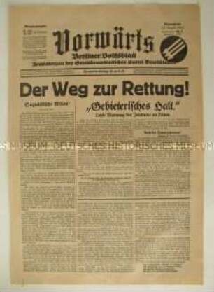 Titelblatt des Zentralorgans der SPD "Vorwärts" mit wirtschaftspolitischen Vorschlägen der SPD