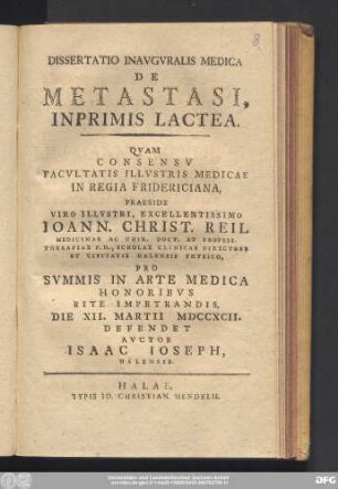 Dissertatio Inavgvralis Medica De Metastasi, Inprimis Lactea