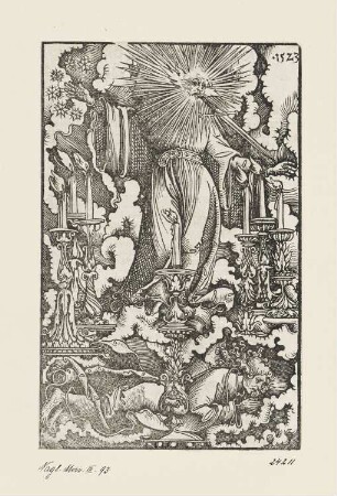 Johannes betet die sieben Leuchter an, aus: Martin Luther, "Das newe testament deutzsch", Wittenberg 1524, ohne Paginierung [1. Kapitel Offenbarung]