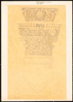 Moschee Eski Djami, Thessaloniki: Details: Ansicht Säulenkapitell mit Akanthusornamentik, Grundriss, Schnitt, mit Maßangaben (vermutlich nach Charles Texier und Richard P. Pullan, XLI.)