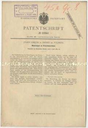 Patentschrift über Neuerungen an Dreschmaschinen, Patent-Nr. 20941