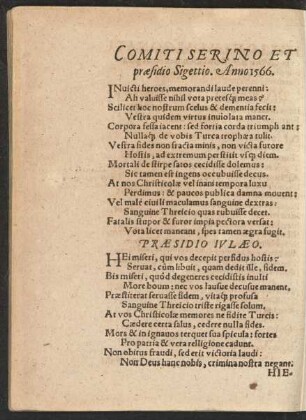 Comiti Serino Et praesidio Sigettio. Anno 1566.
