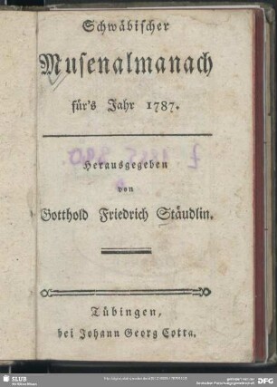 1787: Schwäbischer Musenalmanach : auf d. Jahr ...
