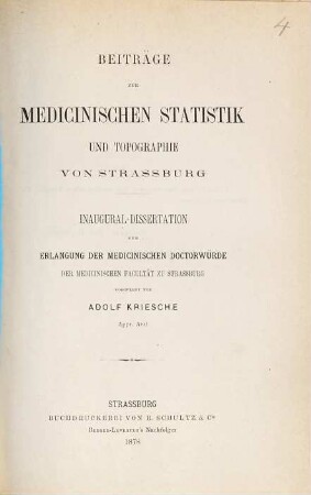 Beiträge zur medicinischen Statistik und Topographie von Straßburg