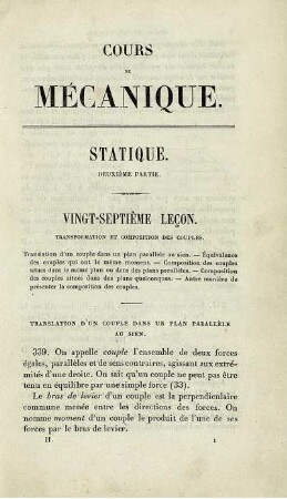 Cours de Mécanique. Statique.