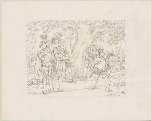 Zu Shakespeares "König Heinrich IV.", Teil 1, Blatt 8, 5. Akt, 4. Szene: Falstaff bringt Percys Leichnam auf der Schulter zu Prinz Heinrich und seinem Bruder