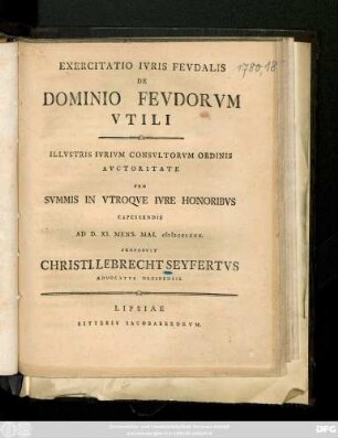 Exercitatio Ivris Fevdalis De Dominio Fevdorvm Vtili
