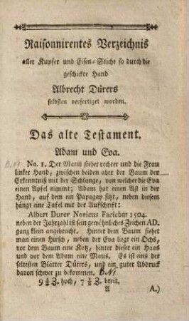 Raisonnirendes Verzeichnis aller Kupfer- und Eisenstiche, so durch die geschickte Hand Albrecht Dürers selbsten verfertiget worden