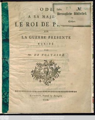 Ode A Sa Majesté Le Roi De Prusse Sur La Guerre Presente