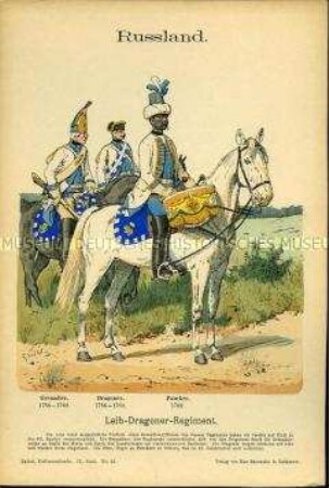 Uniformdarstellung, Grenadier, Dragoner und Pauker des Leib-Dragoner-Regiments, Russland, 1756/1762.