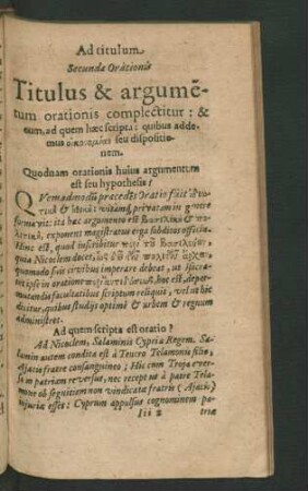 Ad titulum Secundae Orationis Titulus & argumentum orationis complectitur ...