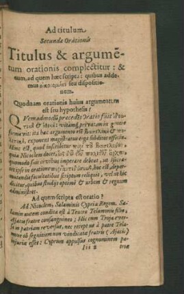 Ad titulum Secundae Orationis Titulus & argumentum orationis complectitur ...