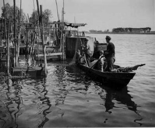 Plaue an der Havel (Mark Brandenburg). Fischer holen ein Netz ein