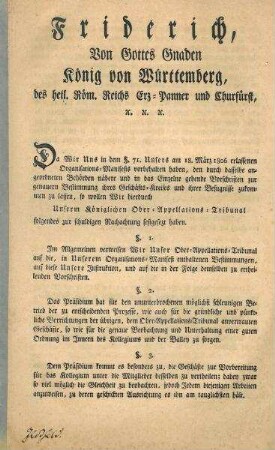Organisationsverfügung von König Friedrich I. von Württemberg für das Ober-Appellations-Tribunal