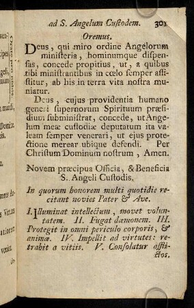 301-309, Lytaniae ad S. Angelum Custodem. Protestationes ad S. Angelum Custodem. Pia Exercitia ad S. Angelum Custodem. Oratio ad S. Aloysium.