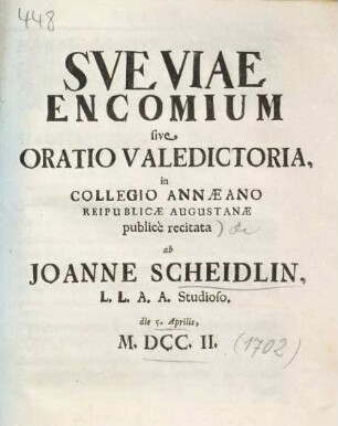 Sveviae Encomium sive Oratio Valedictoria